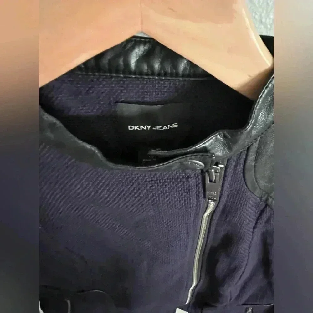 DKNY Vegan Leather Motorcycle Jacket, Blue & Black, Size XS - Picture 5 of 8